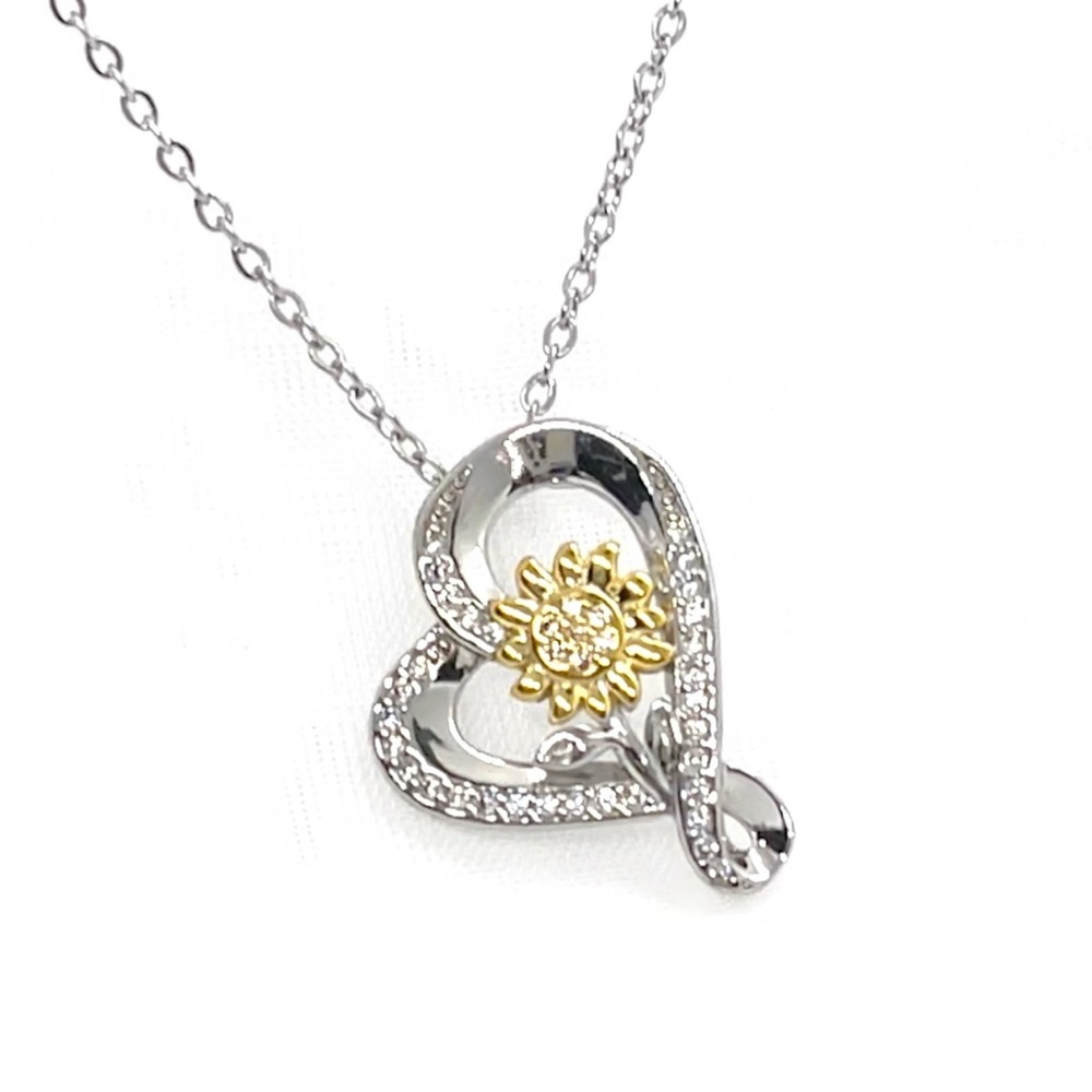 S925 Sterling Silver Plated Sunflower in a Silver Heart Pendant and Necklace - Picture 3 of 4
